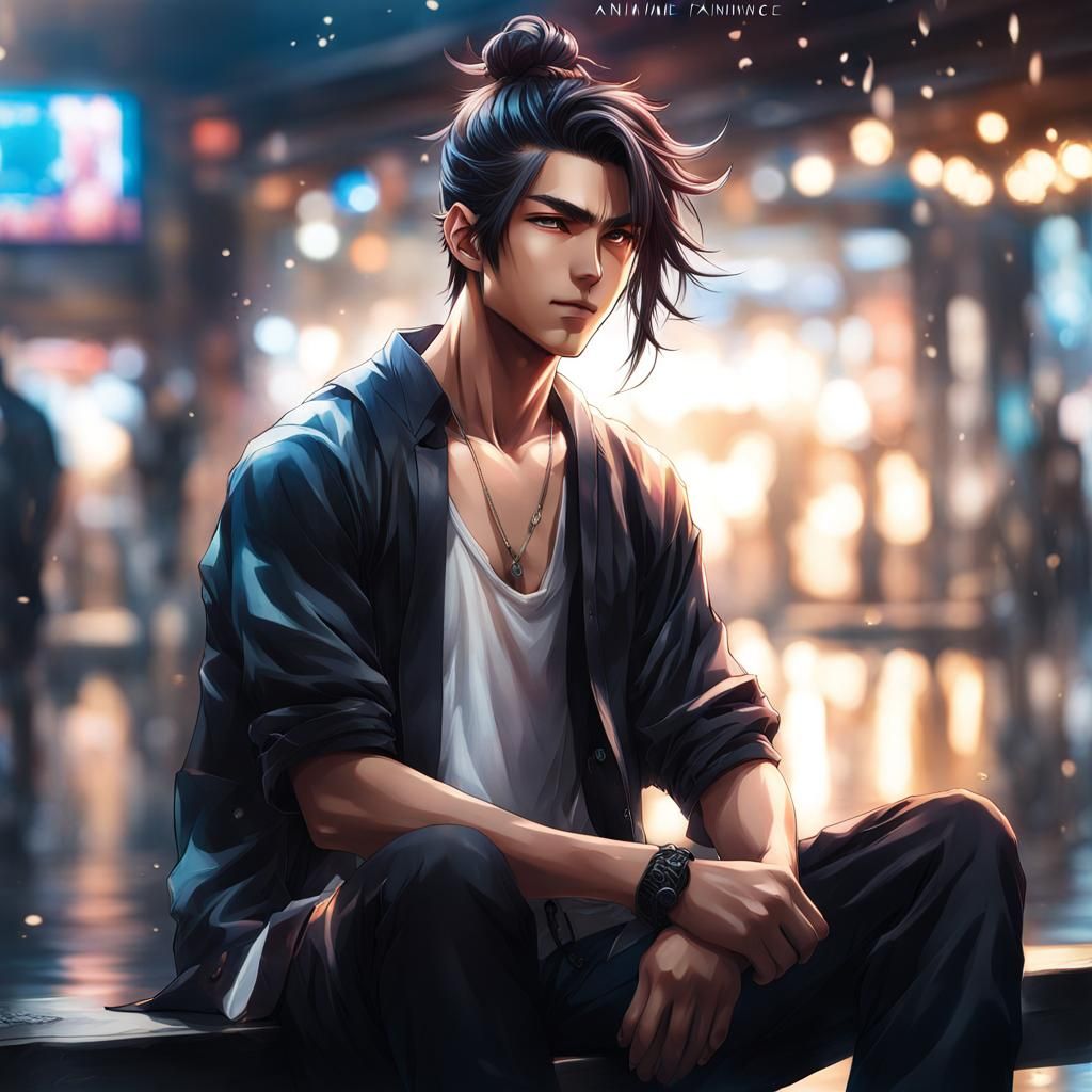 Detailed Anime Portrait of Young Man with Man Bun