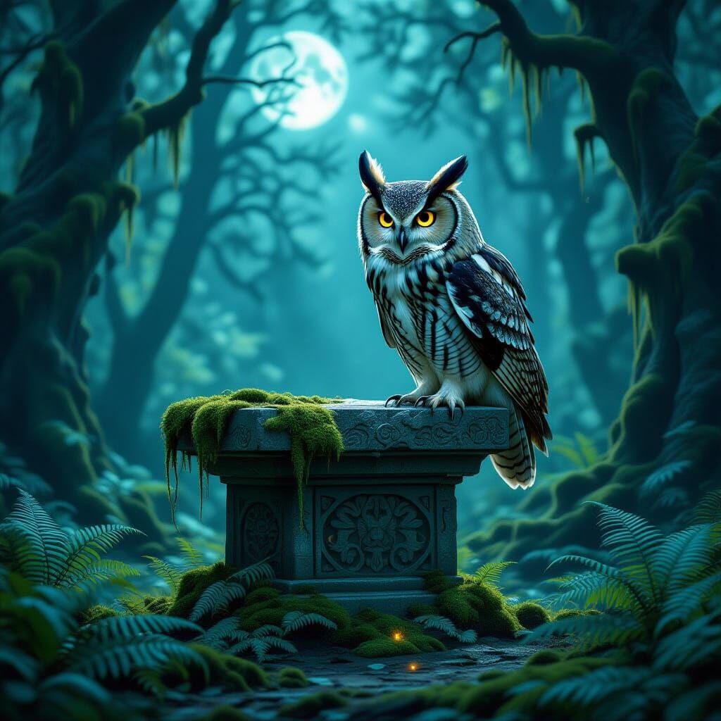 Majestic Owl on Ancient Altar in Moonlit Mystical Forest