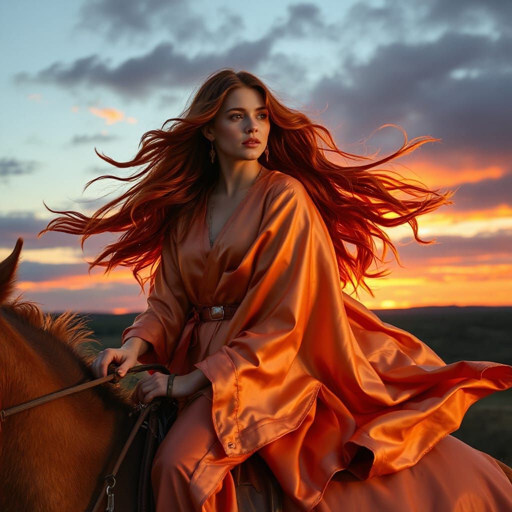 Woman Rides Horse into Sunset: Hyperrealistic Art
