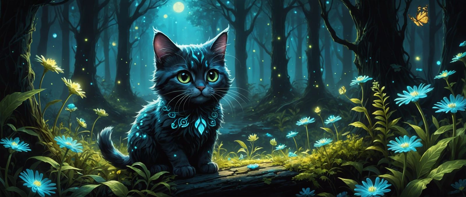 Bioluminescent Fairy Cat in Dark Fantasy Forest