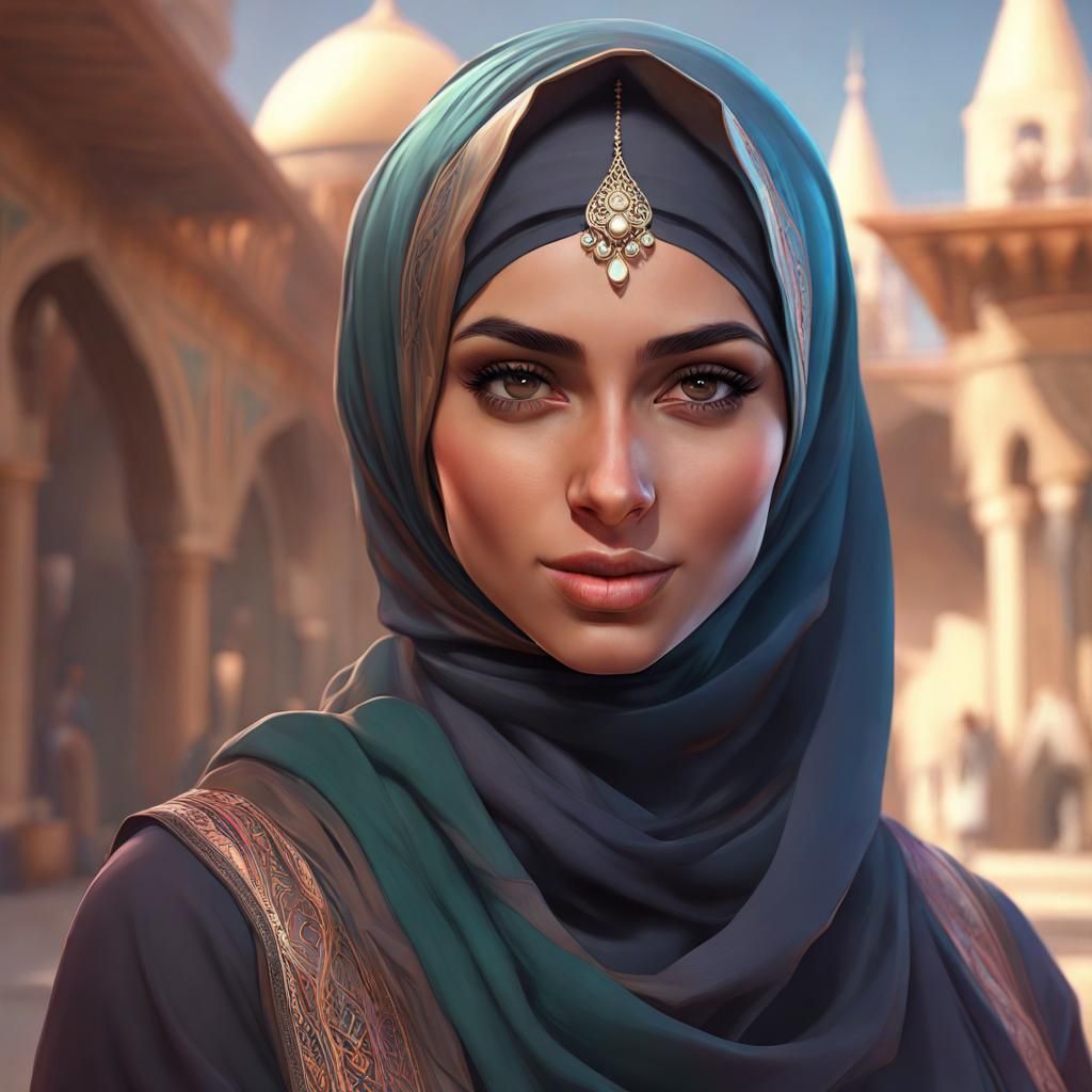 Detailed Portrait of Woman in Hijab, Digital Art