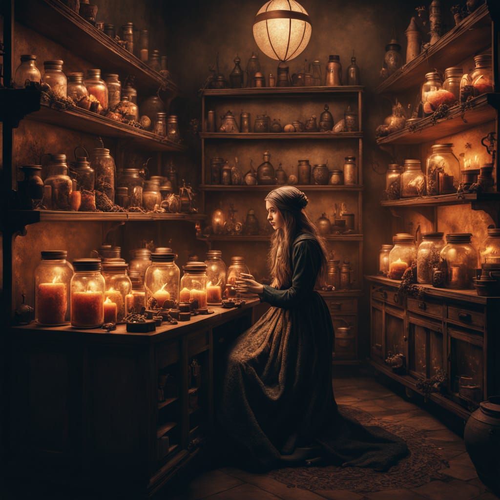 Mystical Apothecary Witch in a Whimsical Fantasy Realm