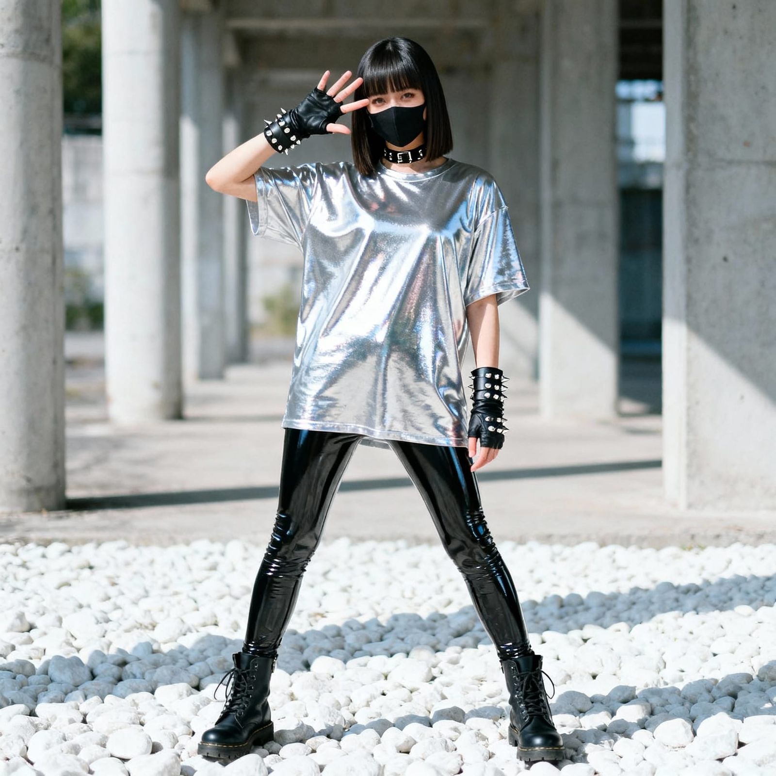 Woman in Metallic Silver T-Shirt and Latex Leggings