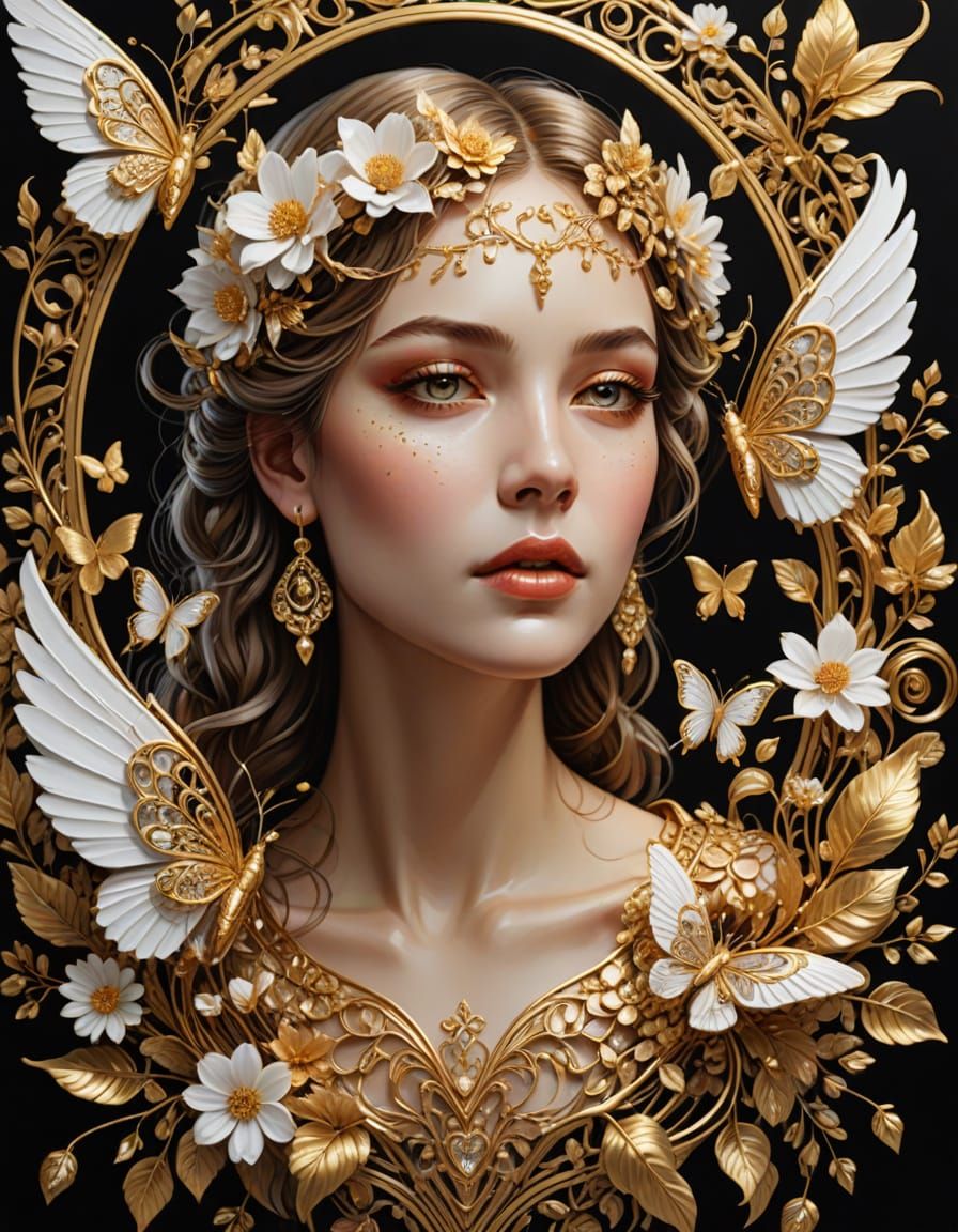 Art Deco Woman Portrait with Golden Lips and Luminous Detail...