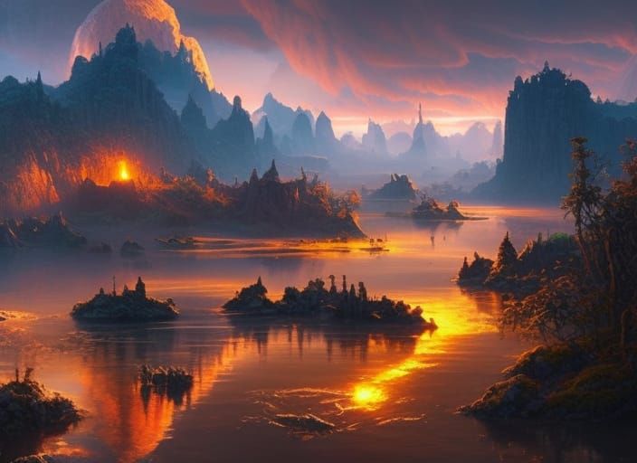 Night falls on rocky wetlands
