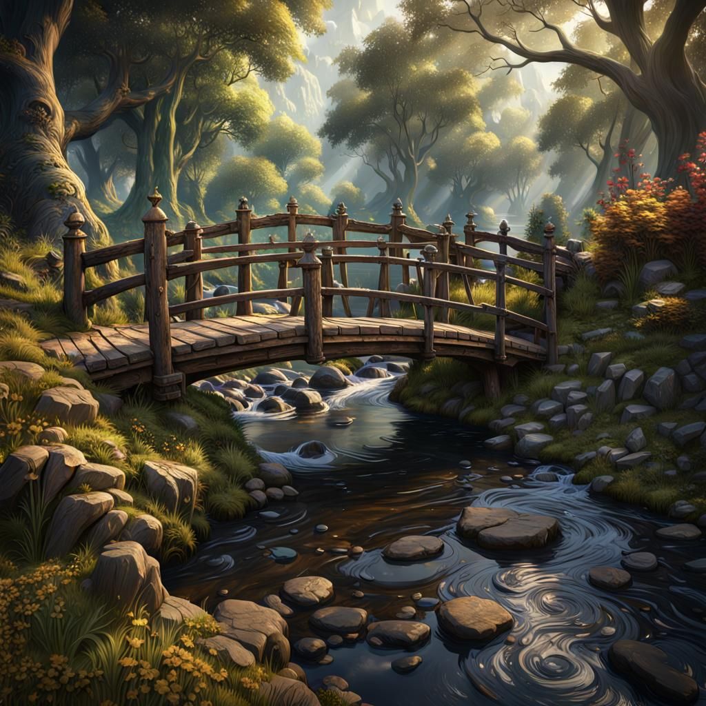 Old Wood Bridge Over Stream: Detailed Matte Painting