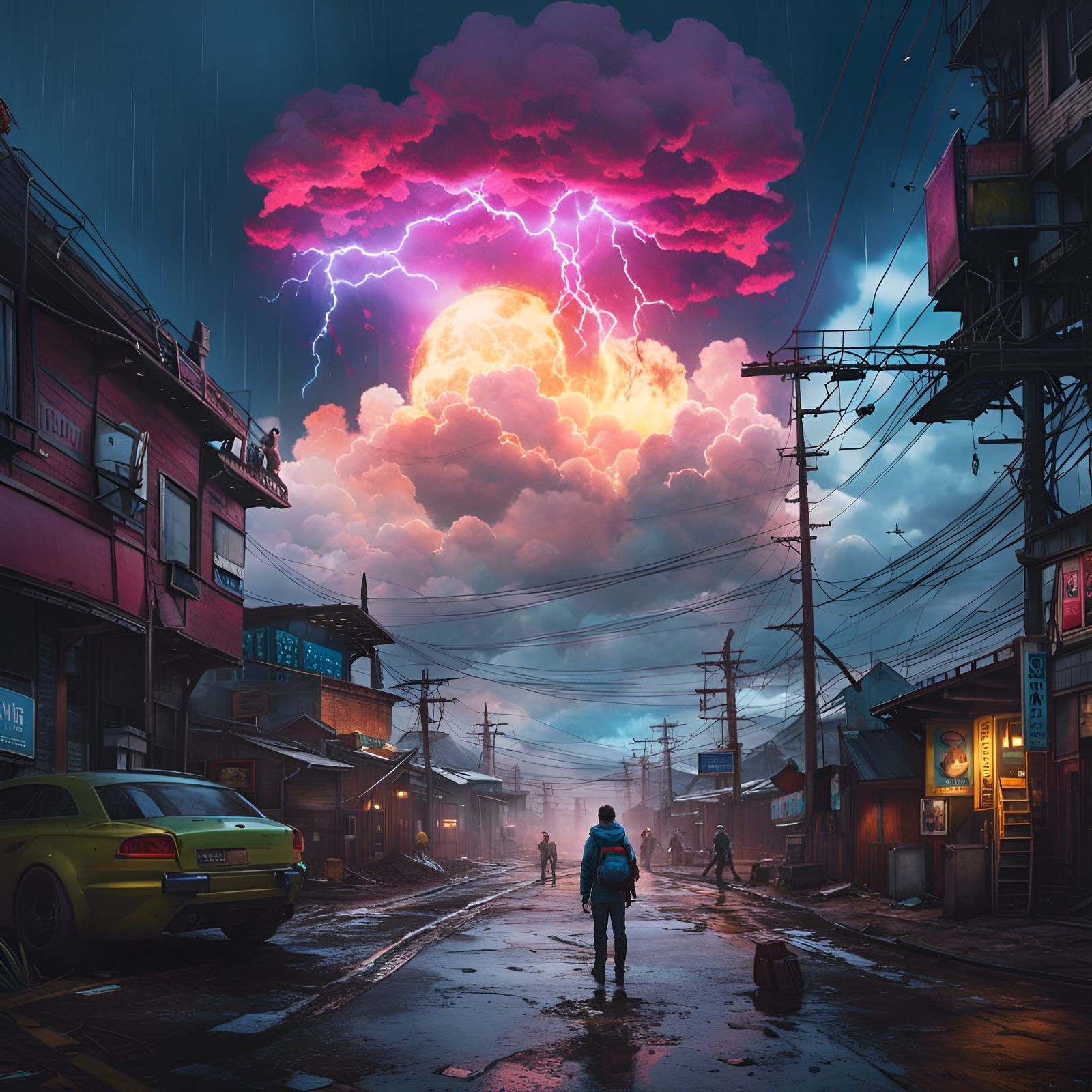 Bright flashes and thunderbolts among clouds