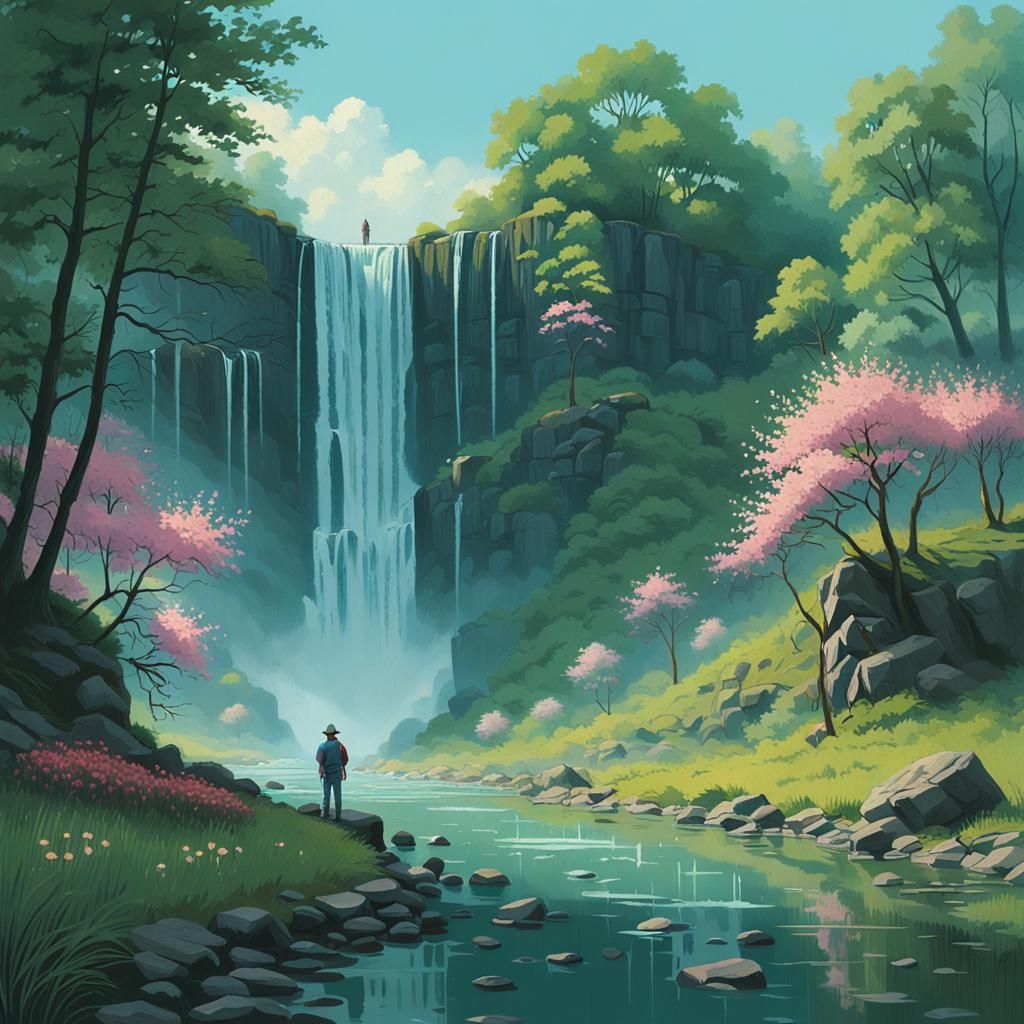 Cascading Waterfalls in Lush Dreamlike Landscape