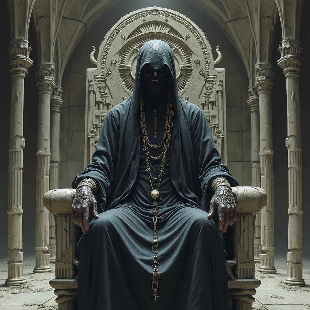 Dystopian Throne in Shadow Cathedral, Surreal Gothic Art