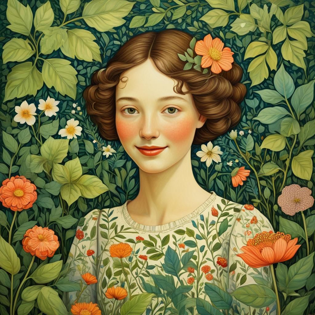 Enchanted Garden Portrait in Folk Art Style