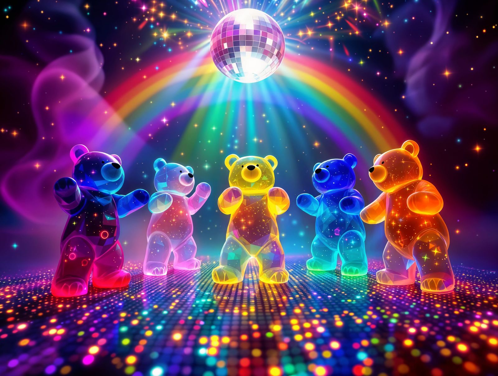 Vibrant Disco Bears Dance in a Rainbow of Colors