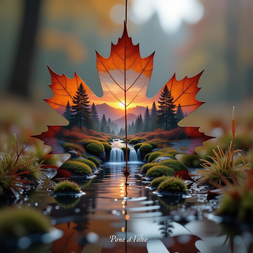 Maple Leaf Puddle Reflection with Autumn Landscape