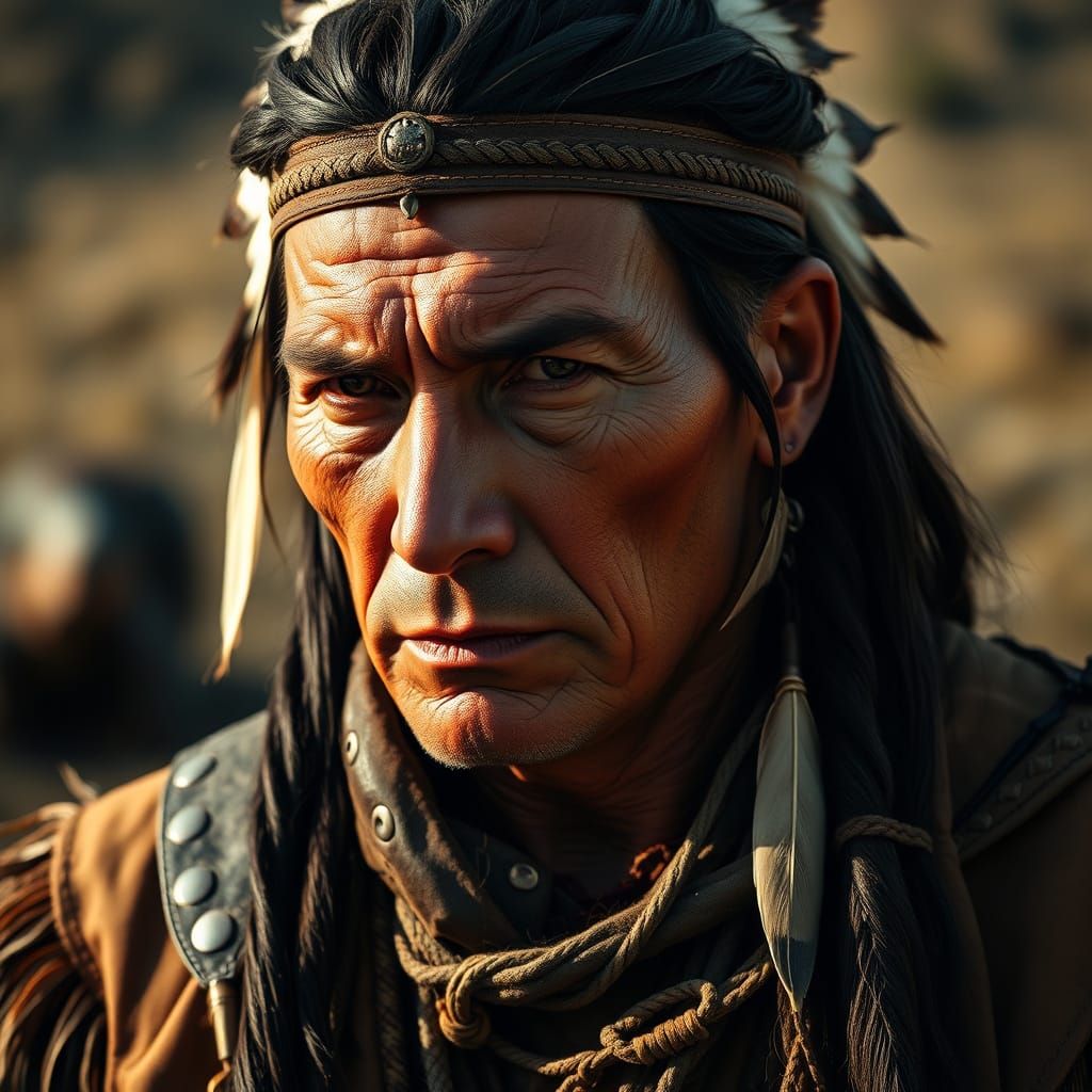 Native American Warrior Portrait with Dramatic Lighting