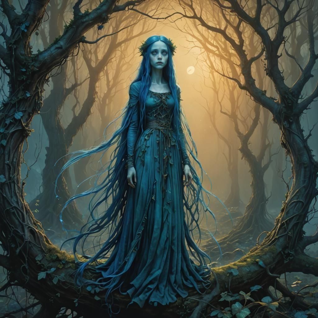 Blue-Haired Girl: Detailed Eldritch Portrait