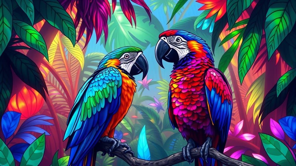 Macaws in Rainforest with Stained Glass Sculpture