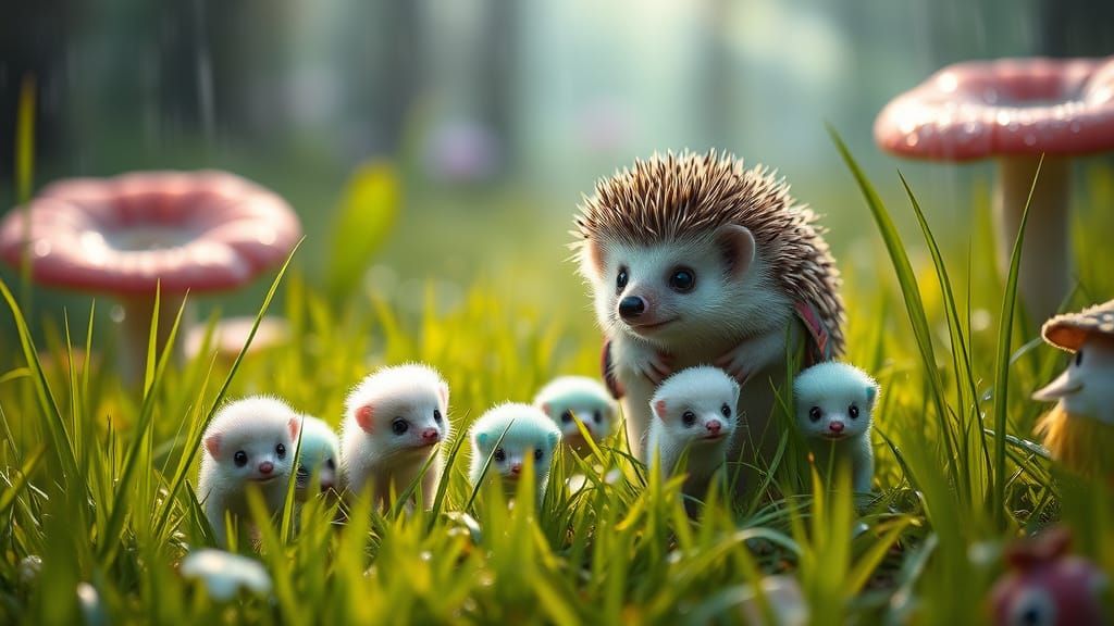Whimsical Mother Hedgehog Embarks on a Rainy Day Adventure