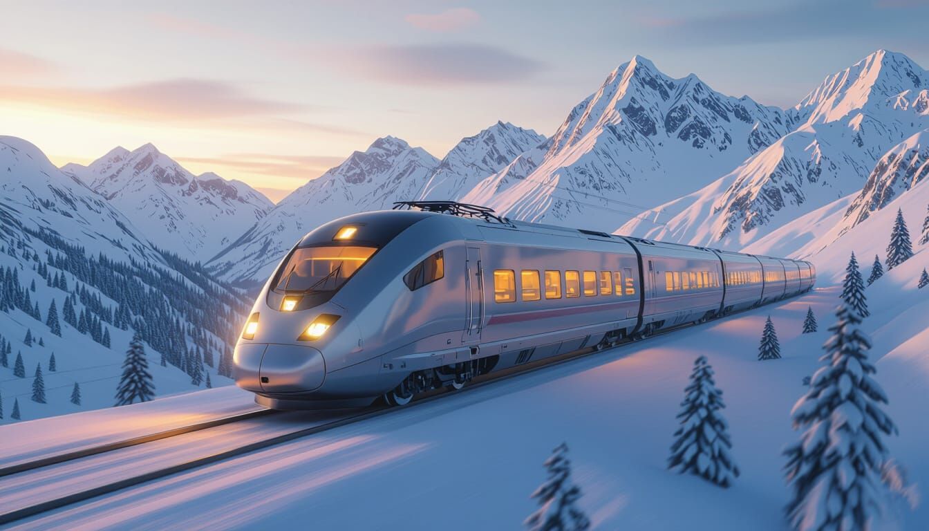 Silver Train Through Snowy Mountains, Retro-Futuristic Digit...