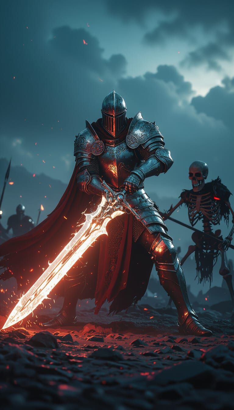 Knight Battles Skeleton in Epic Fantasy Concept Art