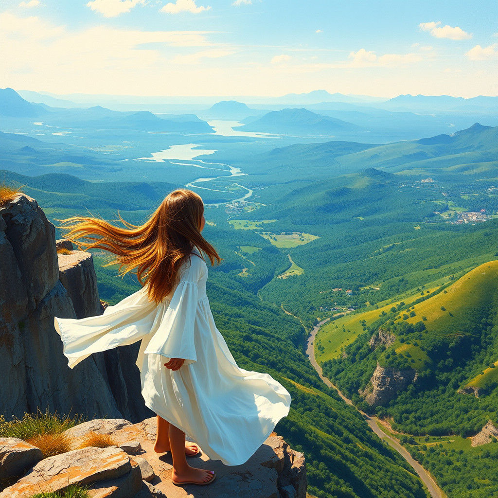Girl Gazing at Vista: Gouache Impressionist Painting