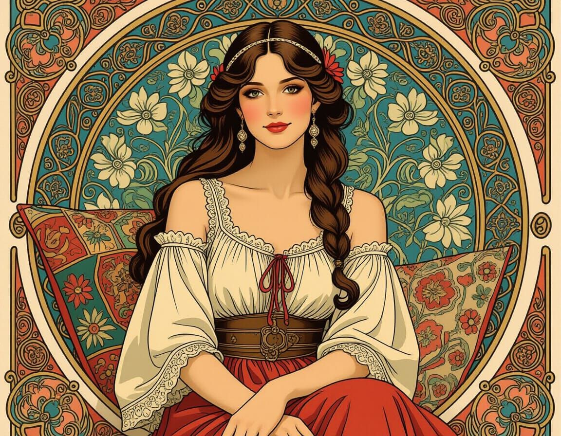 Elegant Woman in Rustic Attire, Art Nouveau Style