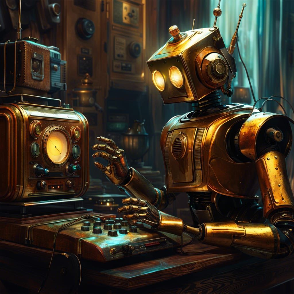 Futuristic Robot Listens to Vintage Radio
