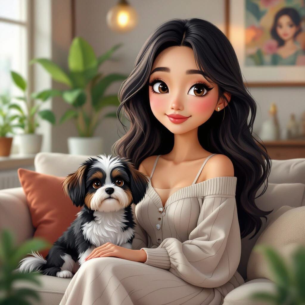 Asian Woman with Dog in Pixar-Style 3D Cartoon