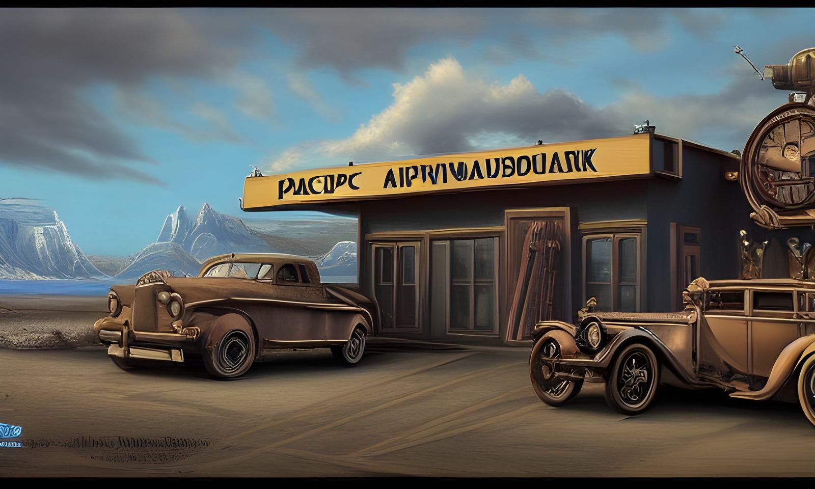 Steampunk Automotive Dealer: Pacific Northwest Oil Painting