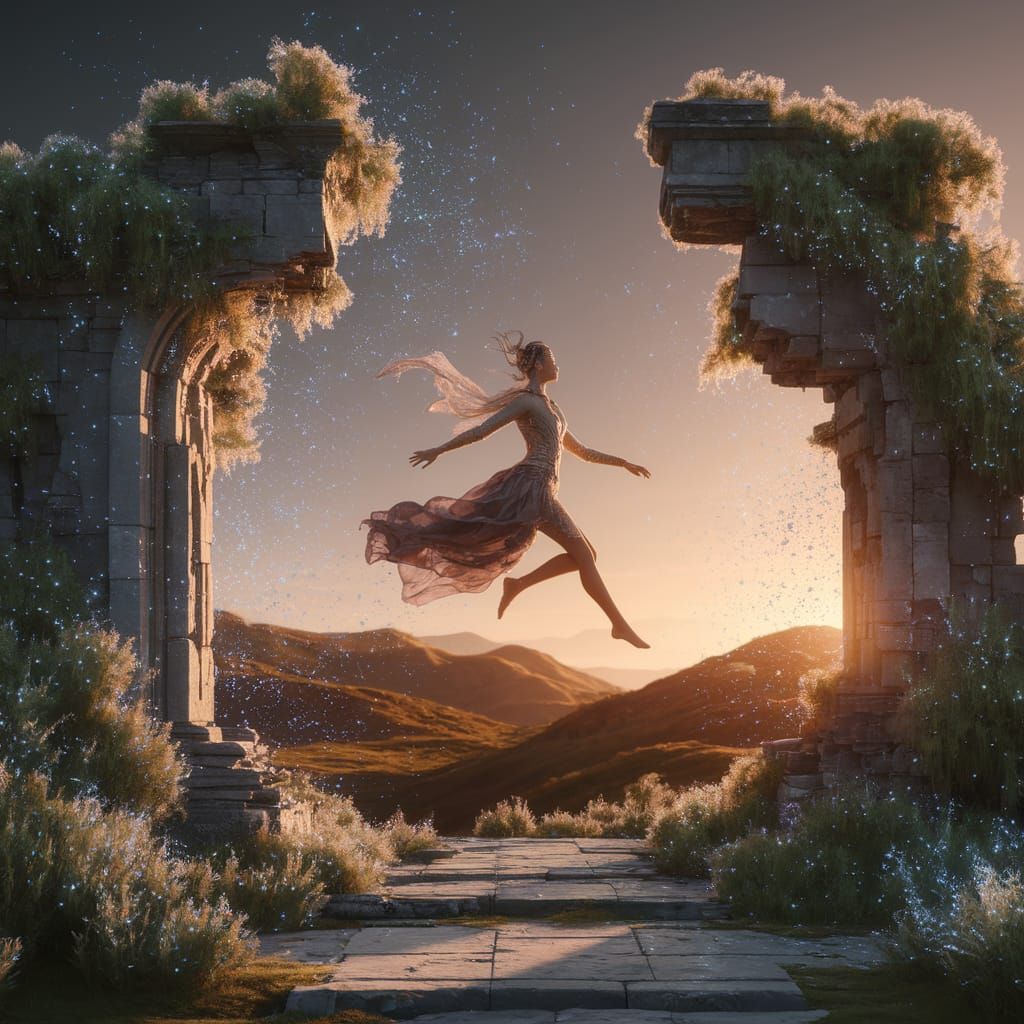 Dreamlike Jump Between Ancient Ruins in Golden Light