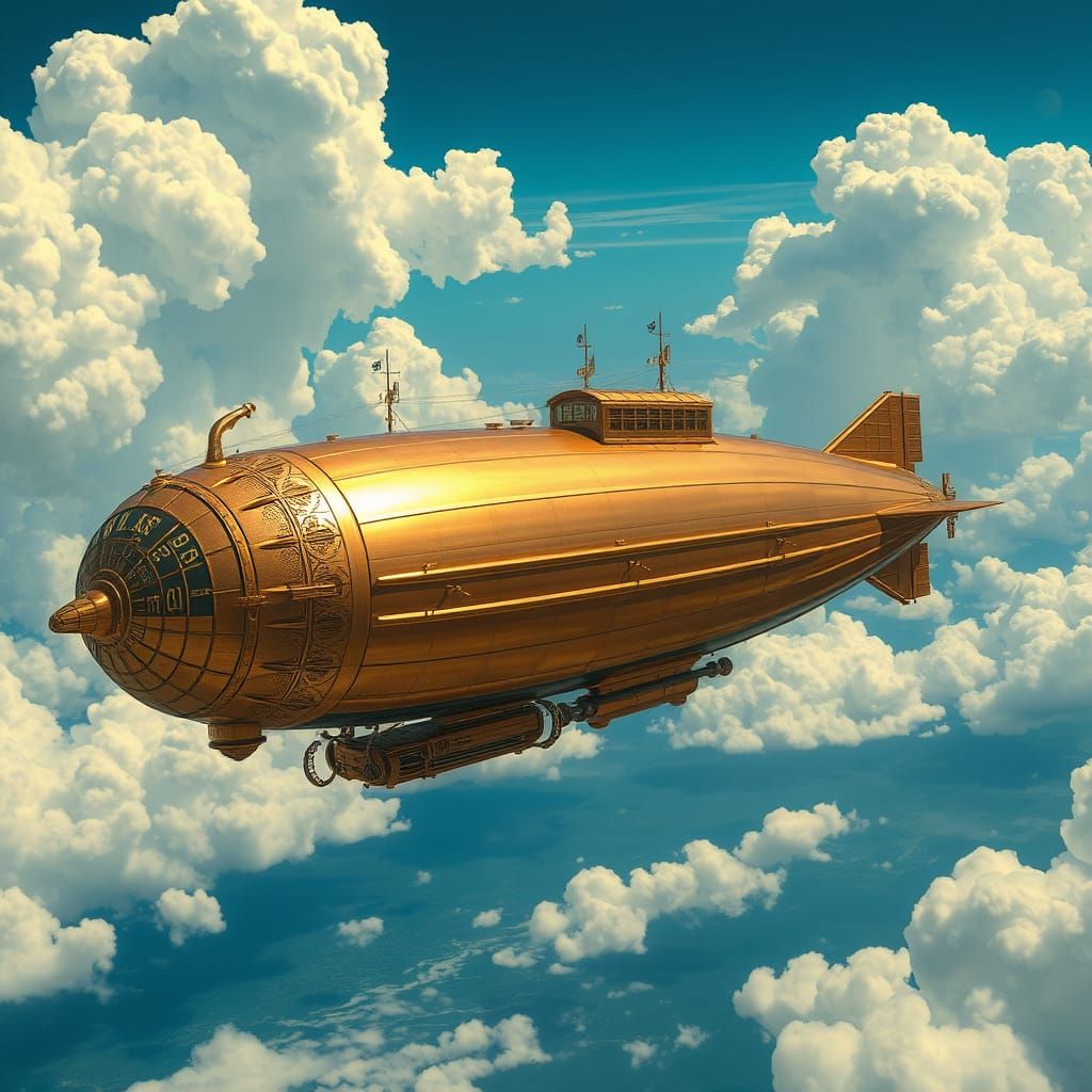 Copper Airship Soars Through Dreamlike Blue Skies