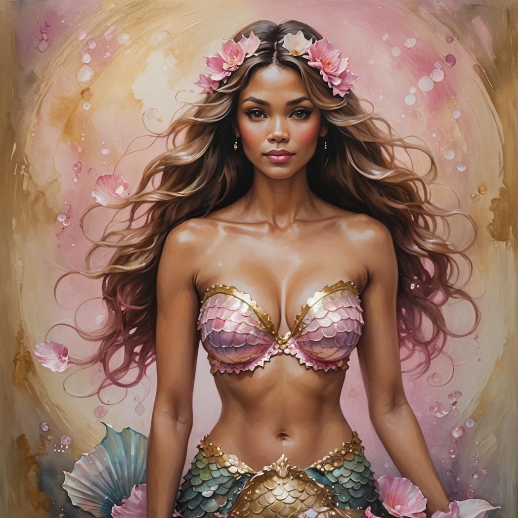 Beautiful Mermaid with Pink Bra in Oil Painting
