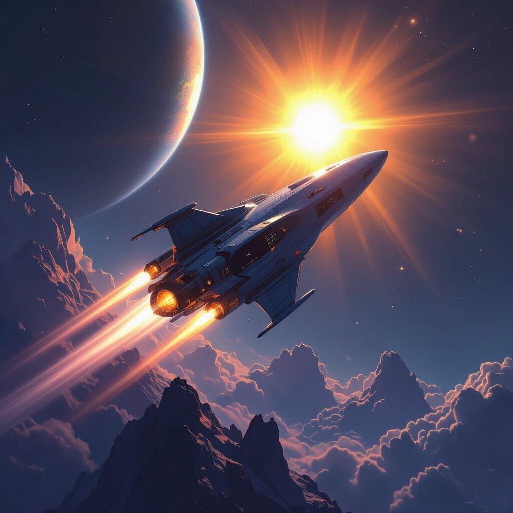 Majestic Spaceship Ascends Towards Neptune in Sci-Fi Art