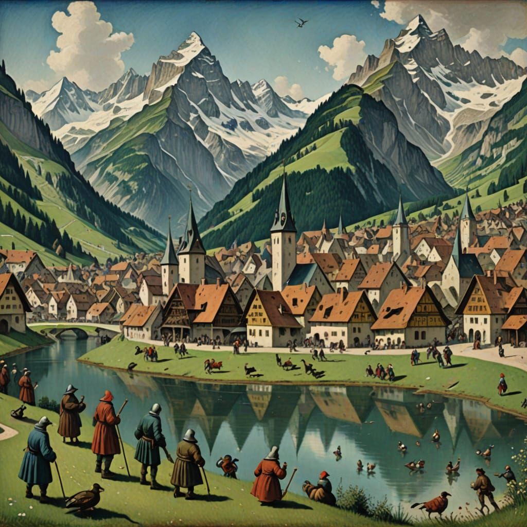 Medieval Ducks Explore Swiss Alps in Bosch Pissarro Style