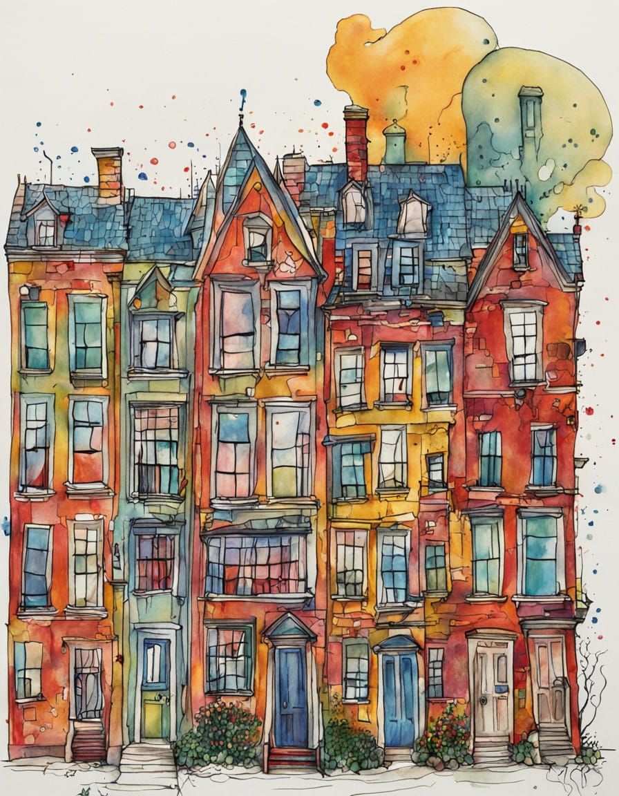 Wonky Quirky Townhouse in Expressive Pen and Ink Style