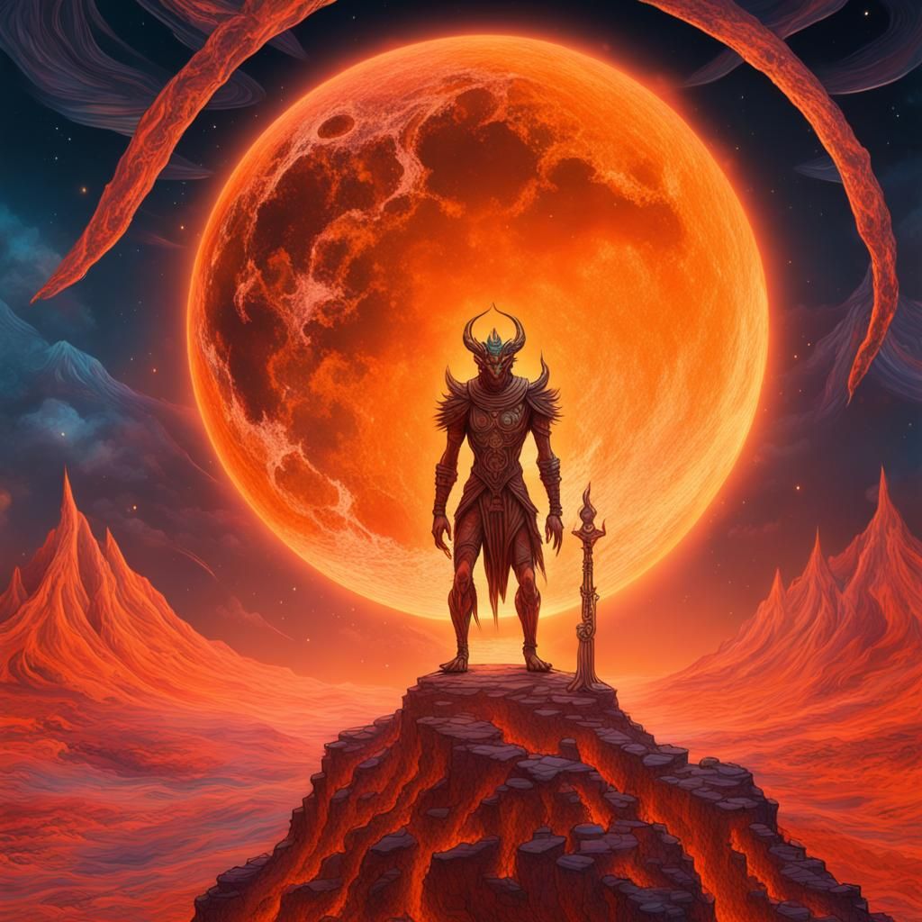 Demon King on Moon Watching Burning Planet