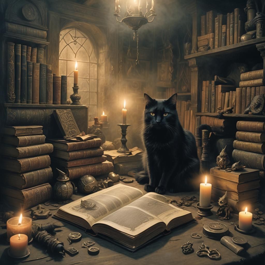 Mystical Black Cat and Witch in Dark Fantasy Style