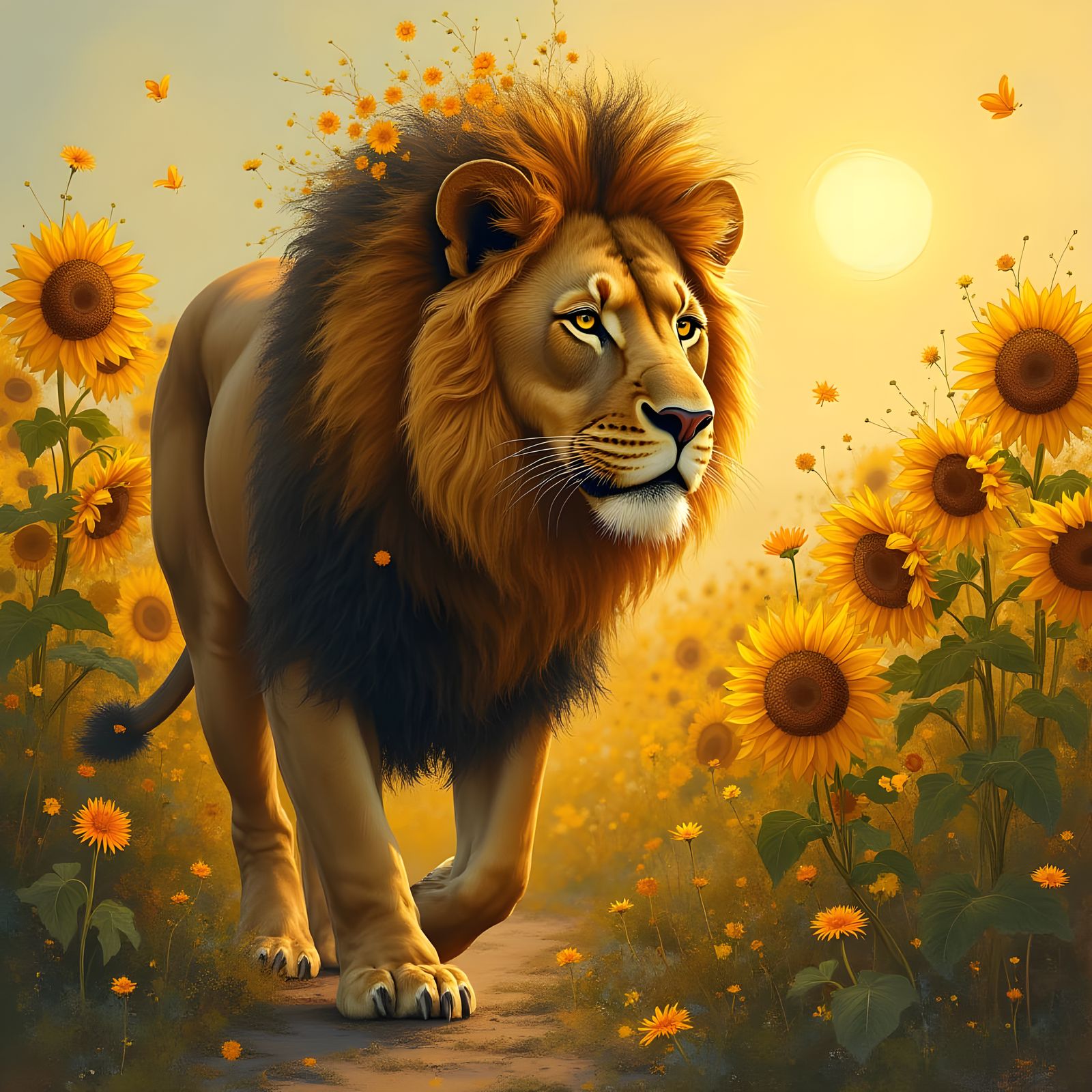 Lioness in Sunflower Field: Impressionistic Art Nouveau