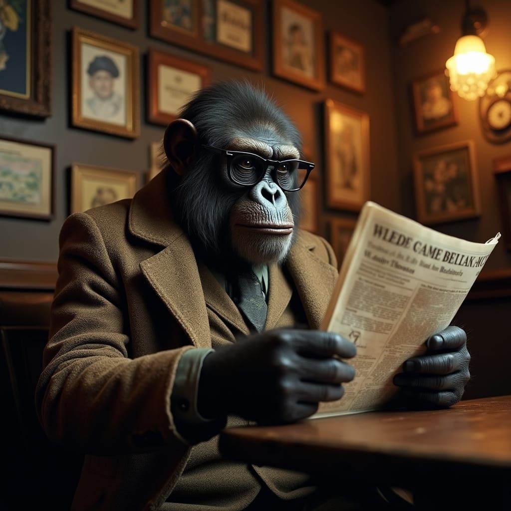 Hyperrealistic Great Ape Reading Newspaper in Pub