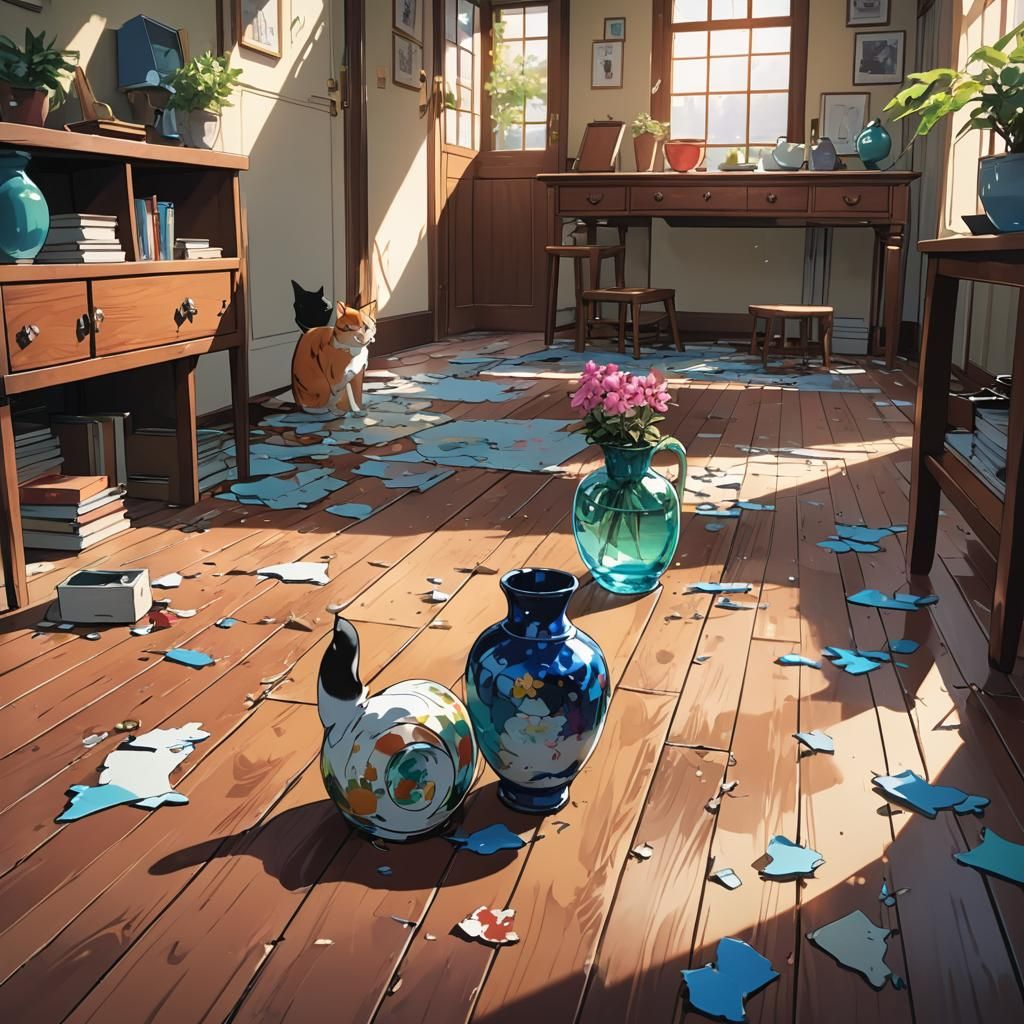 Anime Cat Walks Away From Broken Vase