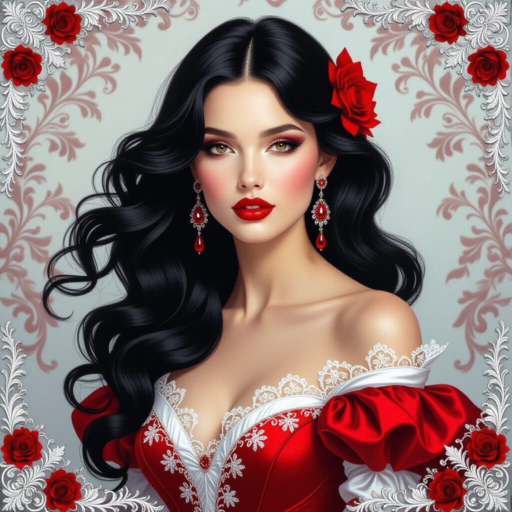 A captivating fashion painting of a woman with flowing black...