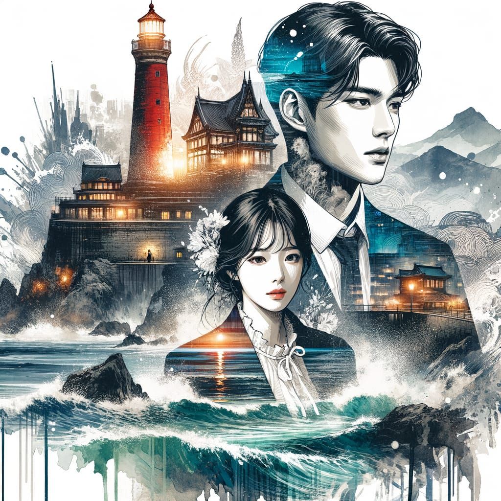 Watercolor Couple Portrait with Lighthouse in Manhwa Style