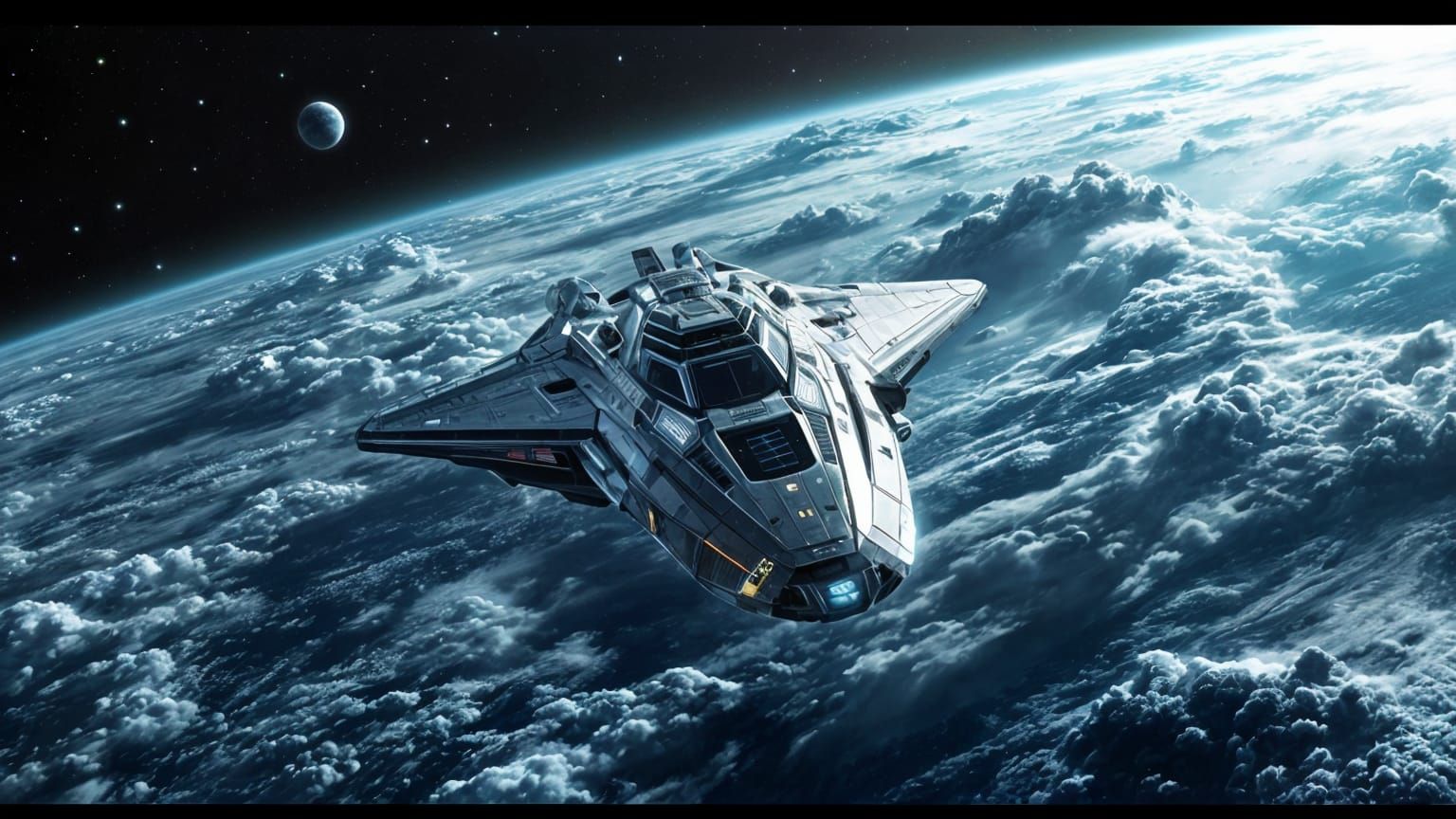 Sleek Space Cruiser in Orbit Around a Vibrant Earthlike Plan...