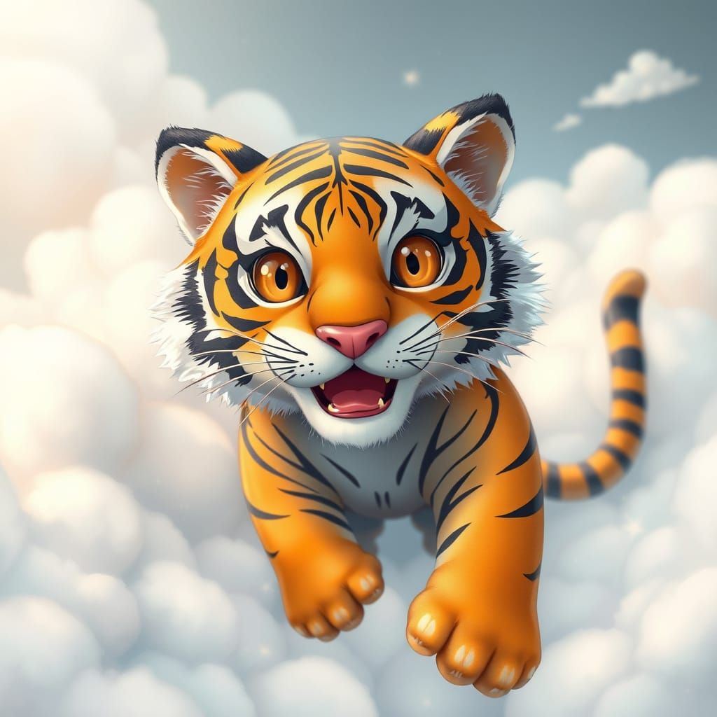Whimsical Derpy Tiger Descends from Dreamlike Clouds