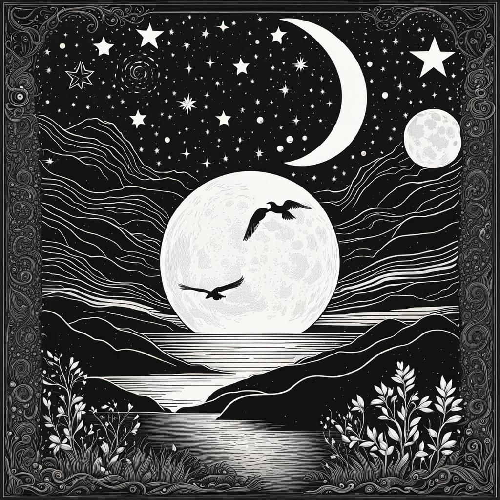 Starry Sky Coloring Page in Black Ink Vector Style