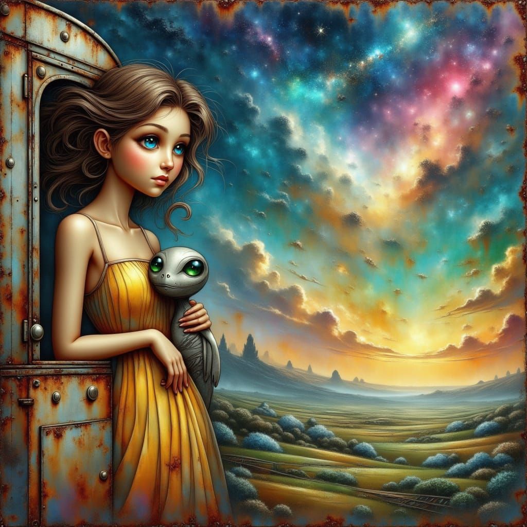 Whimsical Cosmic Train Scene in Vibrant Dreamlike Style