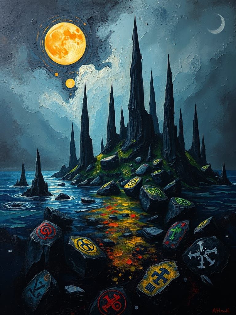 Dark Island with Spires in Neo-Impressionist Style
