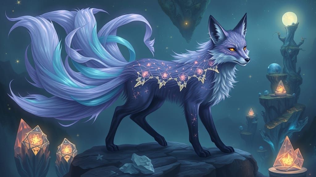 Luminous Astral Fox with Glowing Tails in Dreamy Fantasy Art