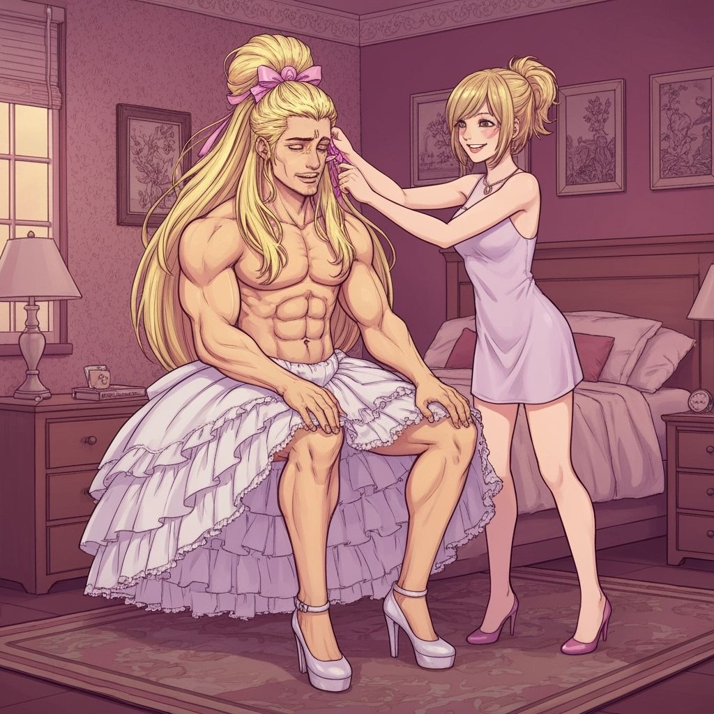 Man in Frilly Dress with Girl in Bedroom