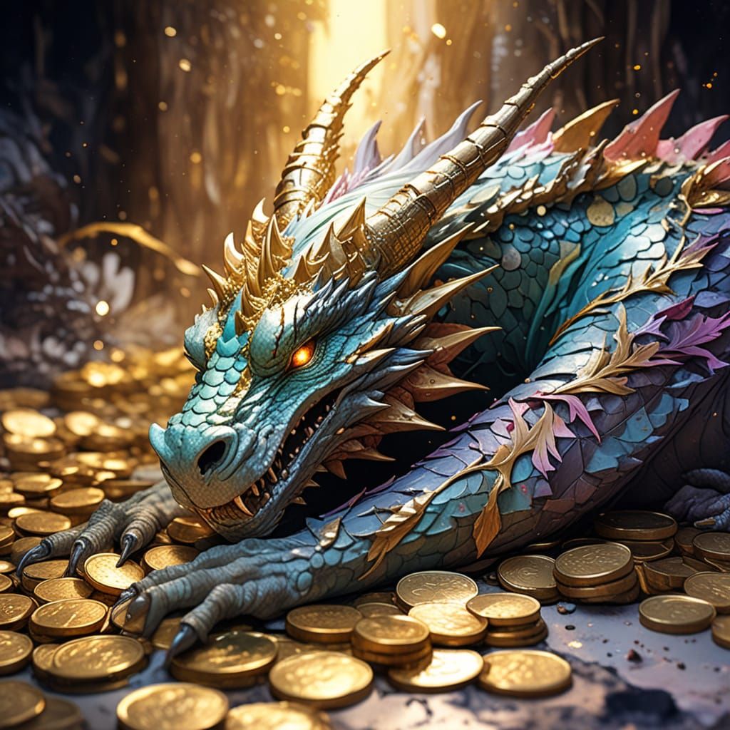 Dragon Asleep on Gold Coins in Watercolor Style