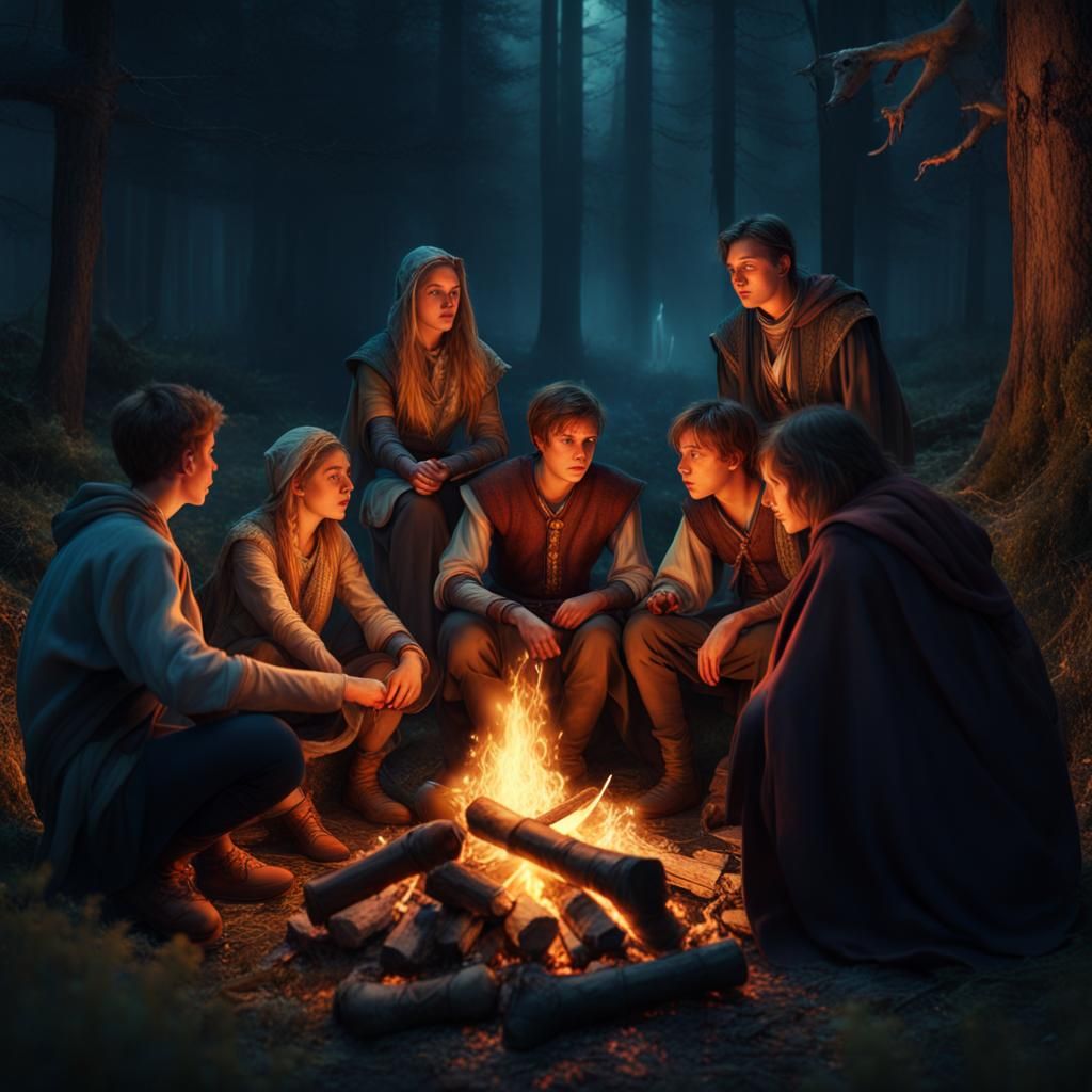 four people sitting at a campfire in a forest at night, two teenage boys, a teenage girl in medieval clothes, and a wiza...