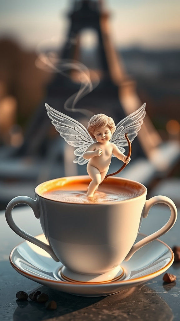 Cupid Fairy Rises from Coffee Cup in Whimsical Parisian Scen...